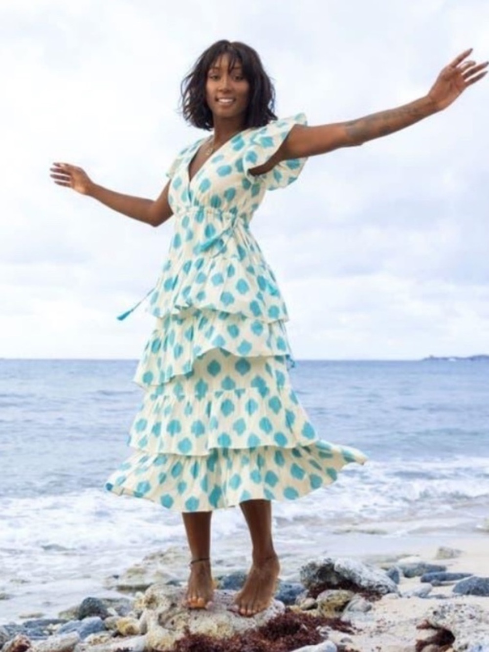NWT Mer St. Barth Mica Tiered Maxi Dress Cream Aqua Ikat Small